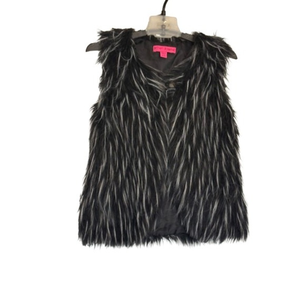 Betsey Johnson Kids Faux Fur Vest Black White Shaggy Snap Front Size M 10